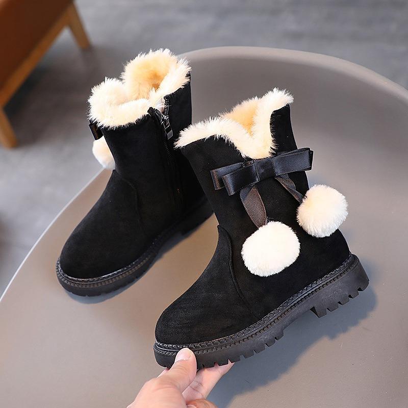 Cozy Cute Girls Winter Snow Boots Plush Pom Pom Warm Fleece Lined Mid Calf Zip Up Rubber Sole Brown Red Black Youngsters