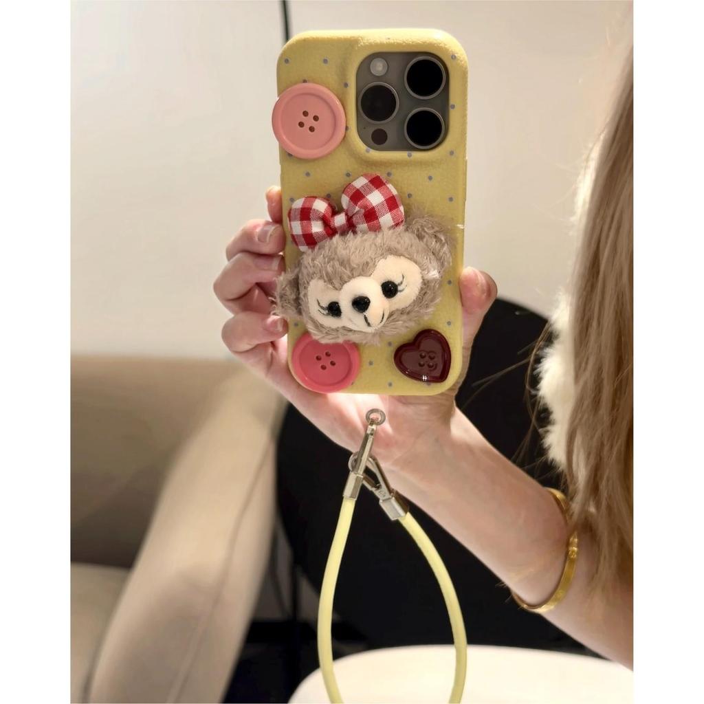 The Fluffy Cartoon Duffy Bear Phone Case Is Suitable for IPhone 16pro with Lanyard and IPhone 15 Full Coverage
