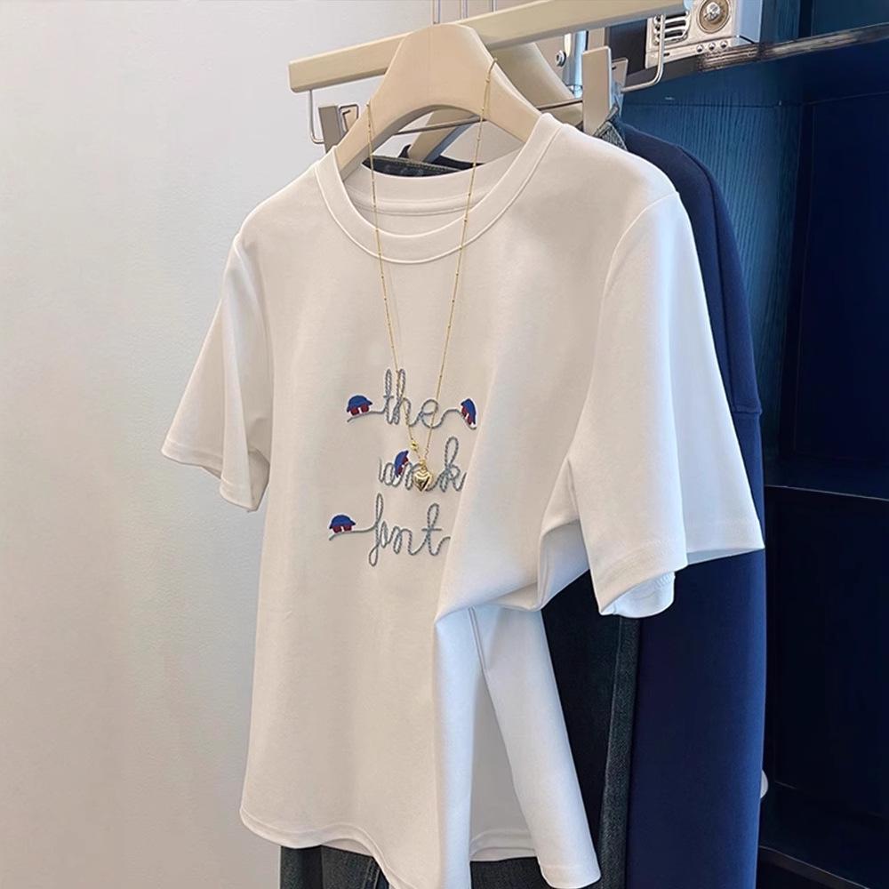 White Cotton Jacquard Letter Embroidered Crew Neck Short Sleeve Women's Summer T-shirt
