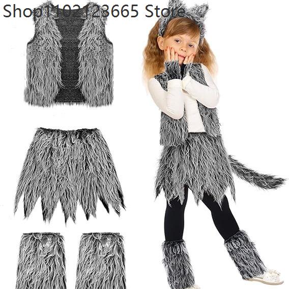 Halloween Vlkodlak Vlk Kostým Chica Dámský Šedý Vlk Cosplay Vesta Sukně Uši A Ocas Dospělý Dítě Karnevalový Kostým Set