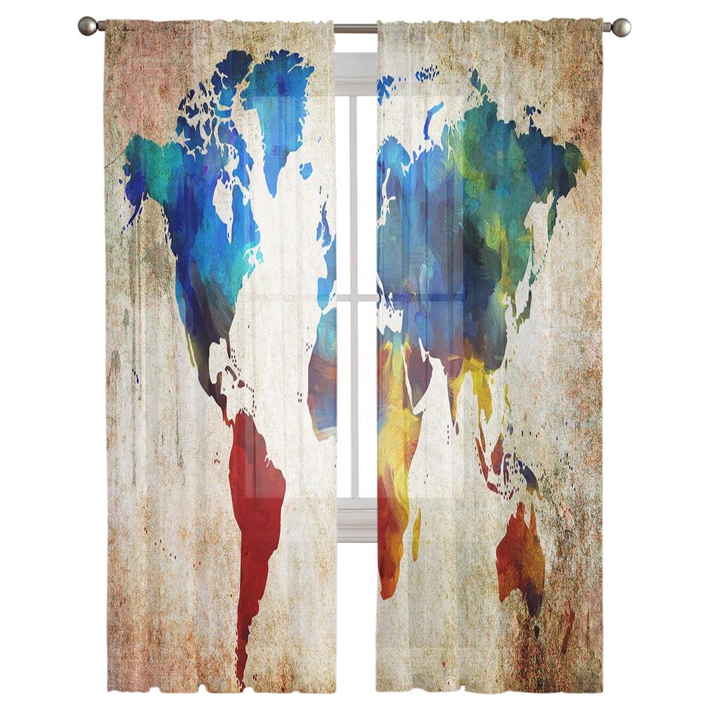 Colorful Map On Vintage Background Tulle Curtains Kitchen Door Curtain Chiffon Sheer Voile Christmas Curtains For Living Room