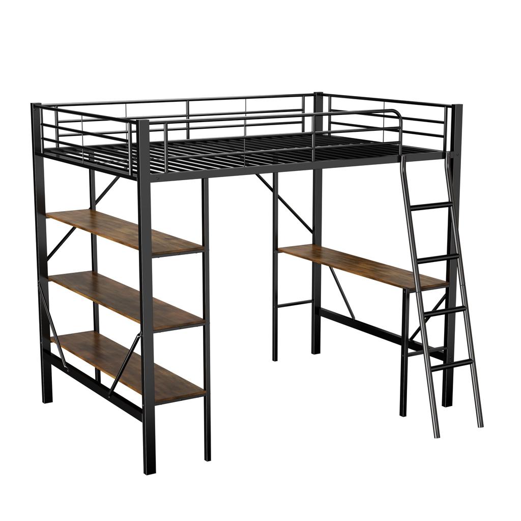 Bunk Bed 90x200 Cm Iron Frame, Desk & 3 Shelves, Side Rails & Safety Ladder, Children's room/Adults