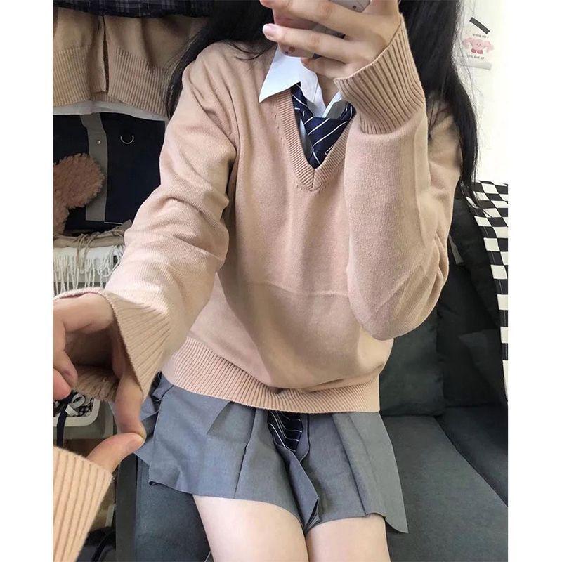 Pulovr s výstřihem do V ve stylu vysoké školy - Volný střih, Jednobarevný, Pletenina s dlouhým rukávem pro podzim a zimu