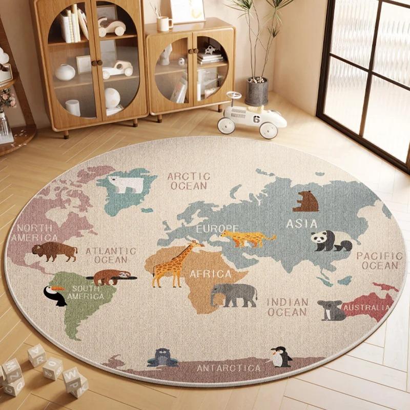 Cartoon Style Animal Pattern Round Carpet, Kids' Play Mat, Living Room Decorative Mat, Study Room Floor Mat, Stain-Resistant