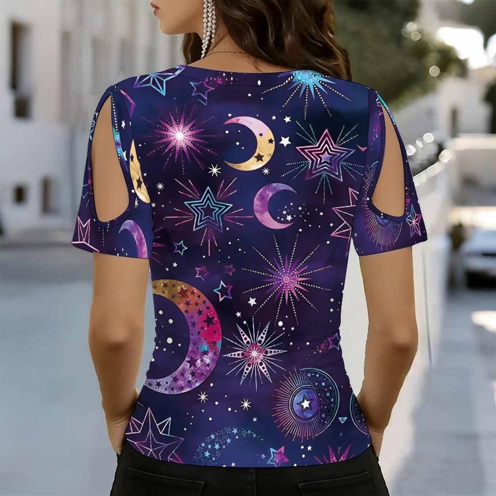 Women V Neck Cold Shoulder Blouse Black Background Colorful Star Print Short Sleeve Top