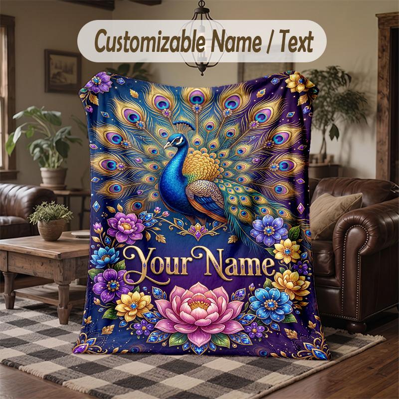 Peacock Floral Artwork Theme Throw Blanket Custom Name Text Personalized Blanket Soft Cozy Blanket for Home Sofa Bed