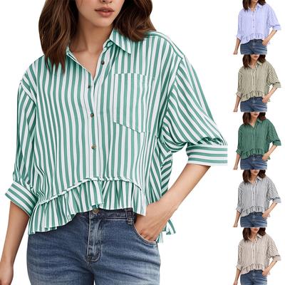 Damenmode Lässiges Hemd Rüschen Knopf Gestreiftes T-Shirt Top