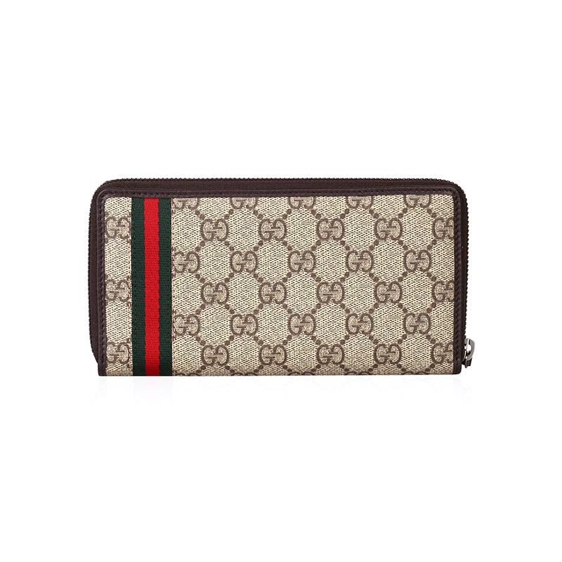 Gucci wallet Presbyopia logo, red and green striped webbing, long zipper, canvas patchwork, wallet, regular men's style, ebony/brown, classic