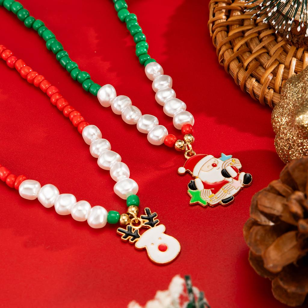 Collier clavicule perles nacrées imitation de Noël, Style festif empilé avec un collier Père Noël Cerf