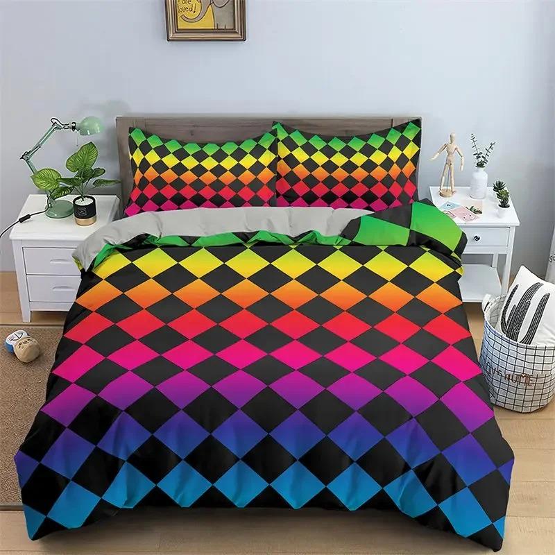 Abstract Geometric Duvet Cover Microfiber Queen Bedding Set For Boys Girls Room Rainbow Plaid Print Quilt Cover With Pillowcase