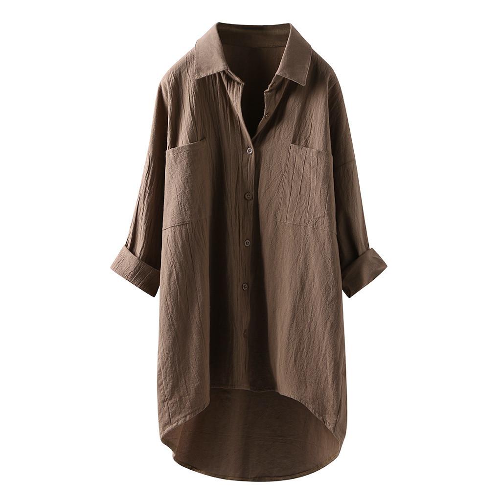 2026 Lente en Herfst Nieuw Dames Casual Stijl Effen Kleur Shirt Katoen Linnen Vest met Dubbele Zakken Lange Mouw Top