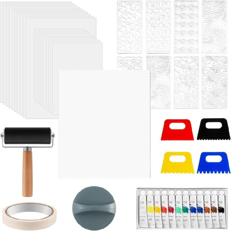 

Gel Printing Plate Set with Rubber Roller Acrylic Paint Stencils For Printmaking and Stamping on Fabric Paper And Wood 1
