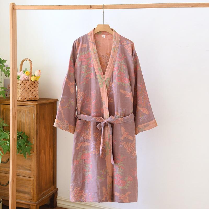 Dámská retro žakárová bavlněná yukata: Lehká jarní/podzimní noční košilka a pyžamo ve stylu kimona.