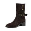 Krazing Pot Cow Suede Nubuck Winter Round Toe Modern Boots Med Heels Slip on Metal Rivets Women Mid-calf Boots