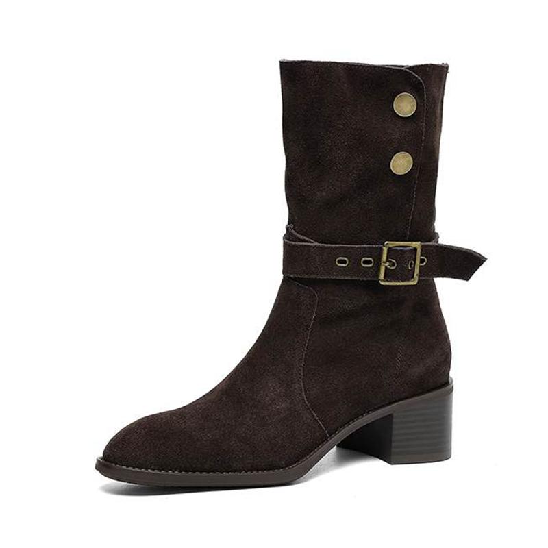 Krazing Pot Cow Suede Nubuck Winter Round Toe Modern Boots Med Heels Slip on Metal Rivets Women Mid-calf Boots