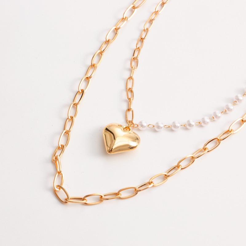 Meier Punk double layer geometric big heart pendant faux pearl necklace - trendy & versatile statement piece for women