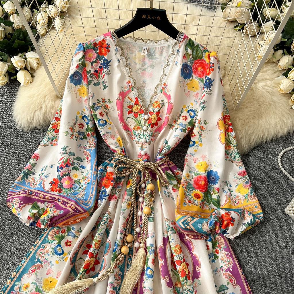 French court high-end printed bubble sleeve dress women's V-neck strap waist temperament A-word ruffle skirt