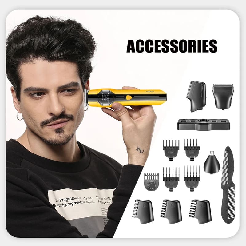 Men's Multi-function Digital Display Large Battery Long-lasting Hair Clipper Five-in-one Set Nose Hair and Sideburns Trimmer Razor Grooming Essential