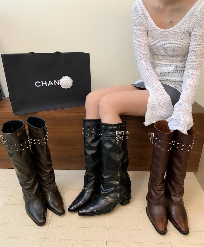 

American Spice Girl Vintage Design Rivet Knight Boots Skinny Boots Pile Boots Long Boots European and American Women s Boots Pant Pants Boots 39 коричневый