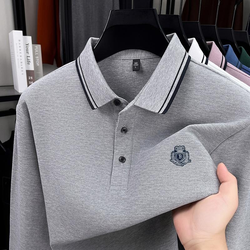 Cotton High-End Brand Men's Polo Shirt Lapel Long Sleeve T-Shirt Autumn Arrival Badge Print Soft Business Office Menswear
