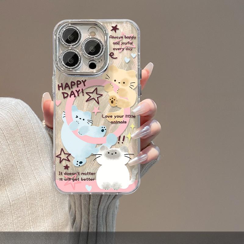 Cute Animal Magnetic Stent Suitable for Apple 15 Feather Yarn Mobile Phone Case 14PRO Full-inclusive Lens Film 13/12
