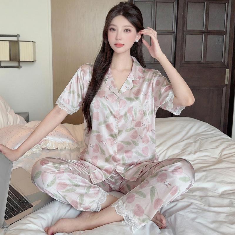 Sweet Wind Flower Ice Silk Women'S Thin Short-Sleeved Pajamas Lapel Trousers Set Cool Loungewear