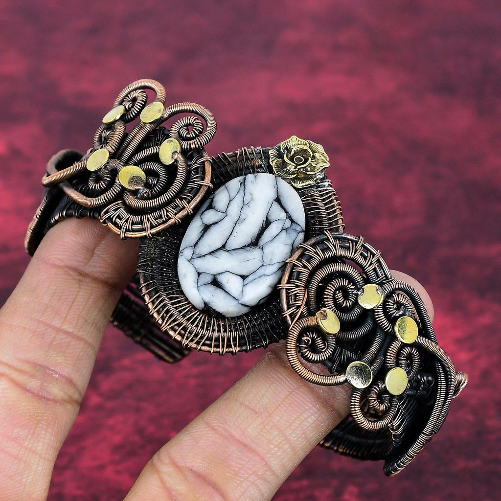 Pinolith Jasper Cuff Bracelet Adjustable Bangle Copper Wire Wrap Flower Jewelry
