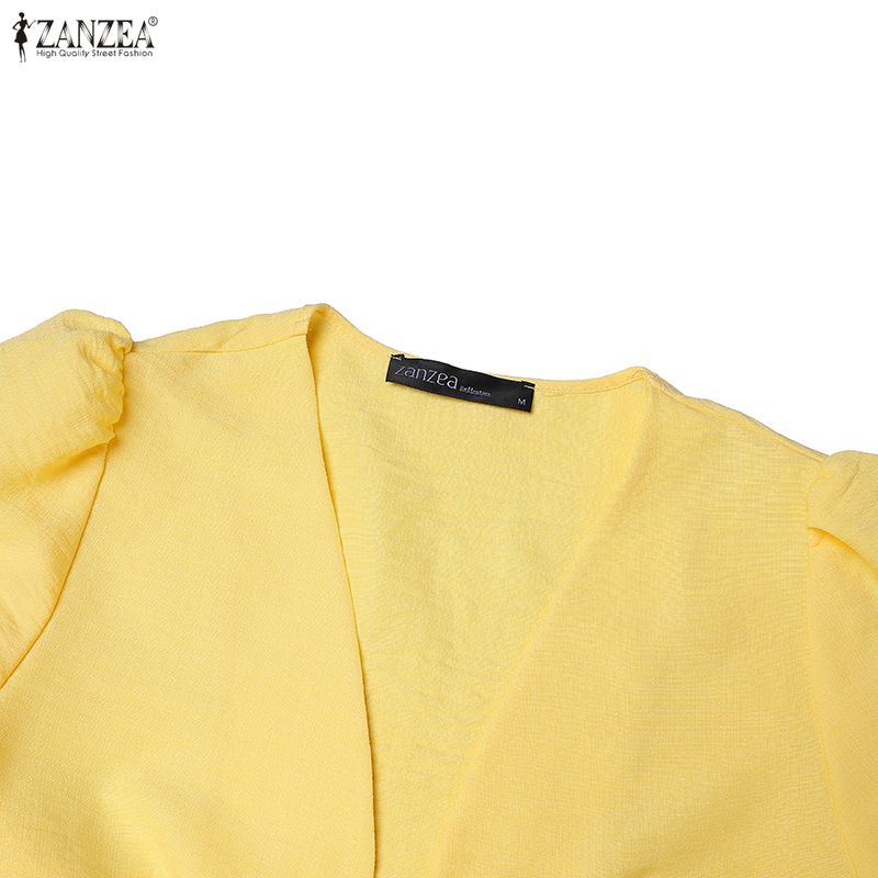 ZANZEA Women Elegant Two Piece Skirt Sets Puff Sleeve Tie Front V Neck Peplum Tops and Long Skirt Beachwear Suits