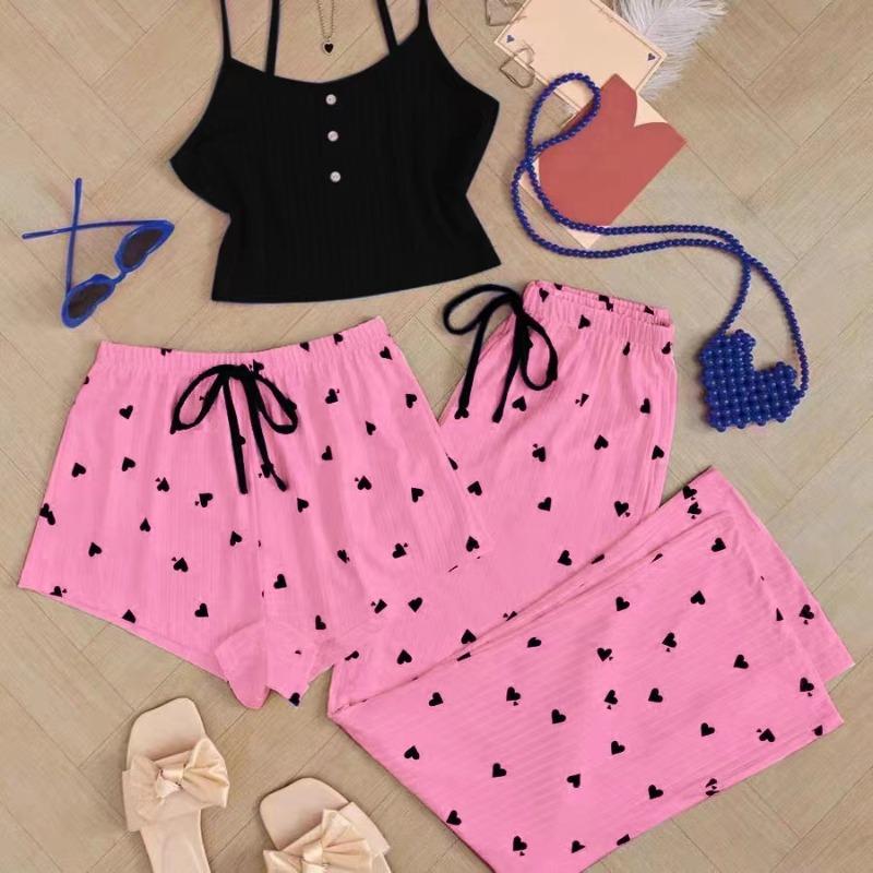 Printed Vest Shorts and Bow Drawstring Pants Casual Women's Cute Heart-Shaped Print Paired with Home Pajamas Set