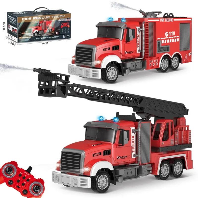 Rc Truck 2.4G 11Ch Radio Controlled Ladder Fire Car Simulated Engineering Vehicle Water Cannon Spraying Fire Engine Toys Boys