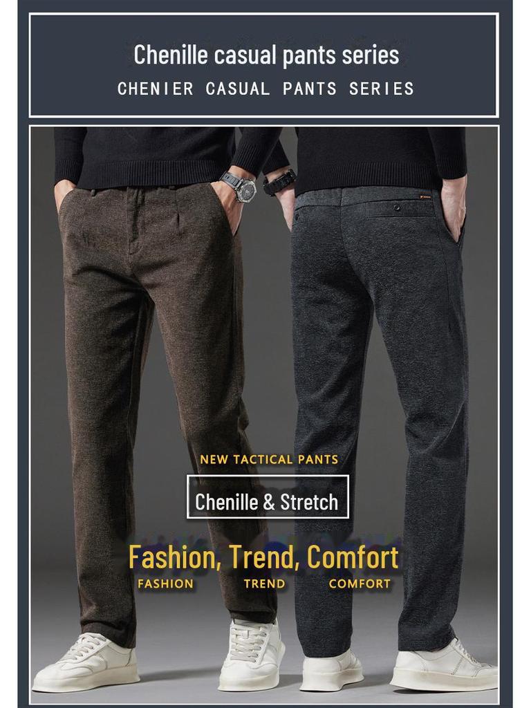 Pantalones de Invierno de Lana Chenilla Elásticos para Hombre - Antiarrugas, Sin Planchado, Cálidos, Gruesos y Rectos.
