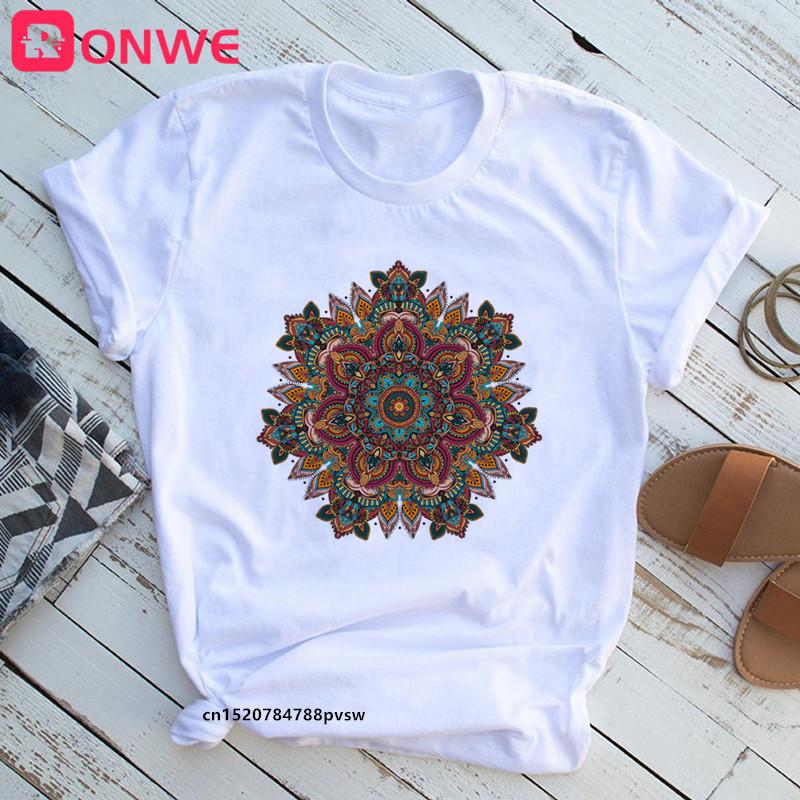 Mandala Flowers Stripes Thermo Funny Women T Shirt Girl Summer 90S Print Tops Tee Drop Ship
