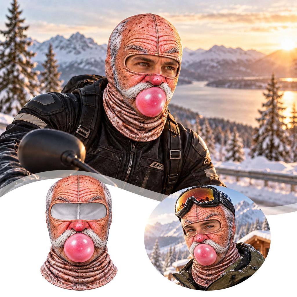 Novelty Old Man Face Ski, Winter Windproof Full Face with 3D Full Print, Sunglasses Not Included