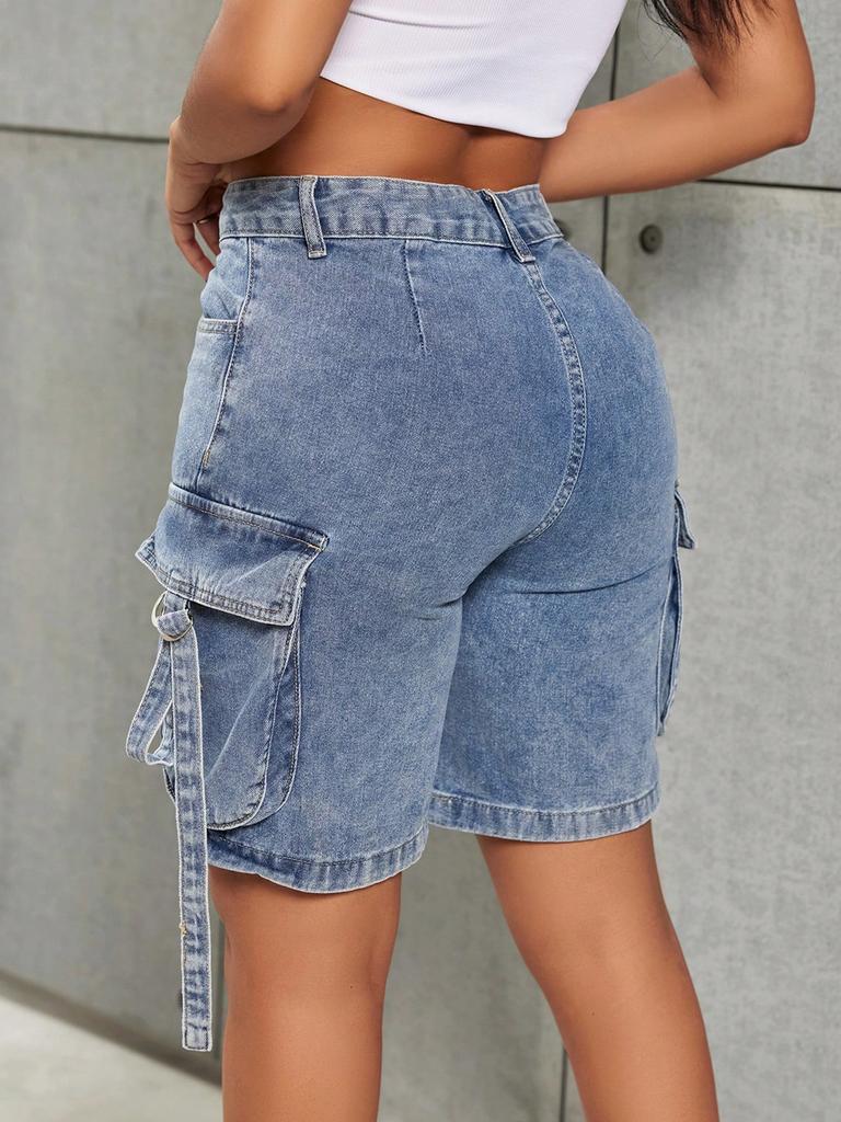 Rose Beauty A Y2K Street High Waist Flap Pocket Tape Detail Work Cargo Denim Bermuda Wide Leg Jean Shorts Summer Comfy Trendy Jorts