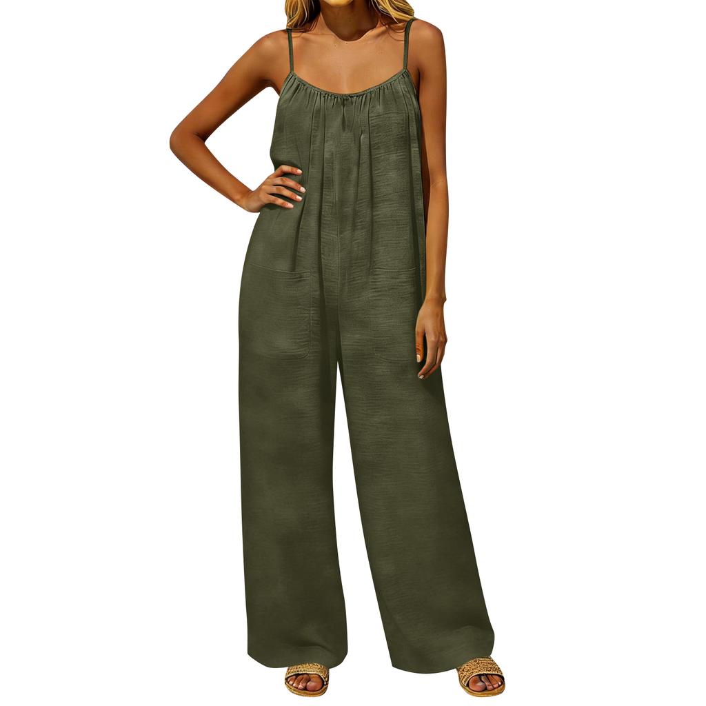Damen-Jumpsuit, Lässige und lockere Passform, Mit rückenfreiem Design und dünnen Vintage-Trägern. Dieser Loungewear-Jumpsuit ist aus Baumwolle und Li