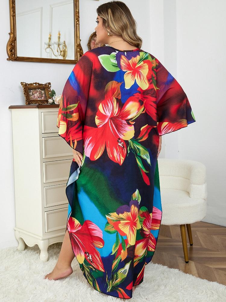 EDOLYNSA Red Women's Kaftan Bohemian Bat Sleeves Long Dress Oversized ...