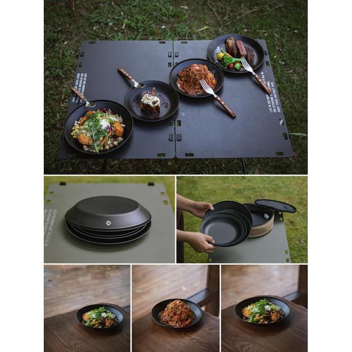 Camping Moon Outdoor Tableware Camping Stainless Plate Dishware Set 8-Piece with Canvas Case BKS397-2S Black