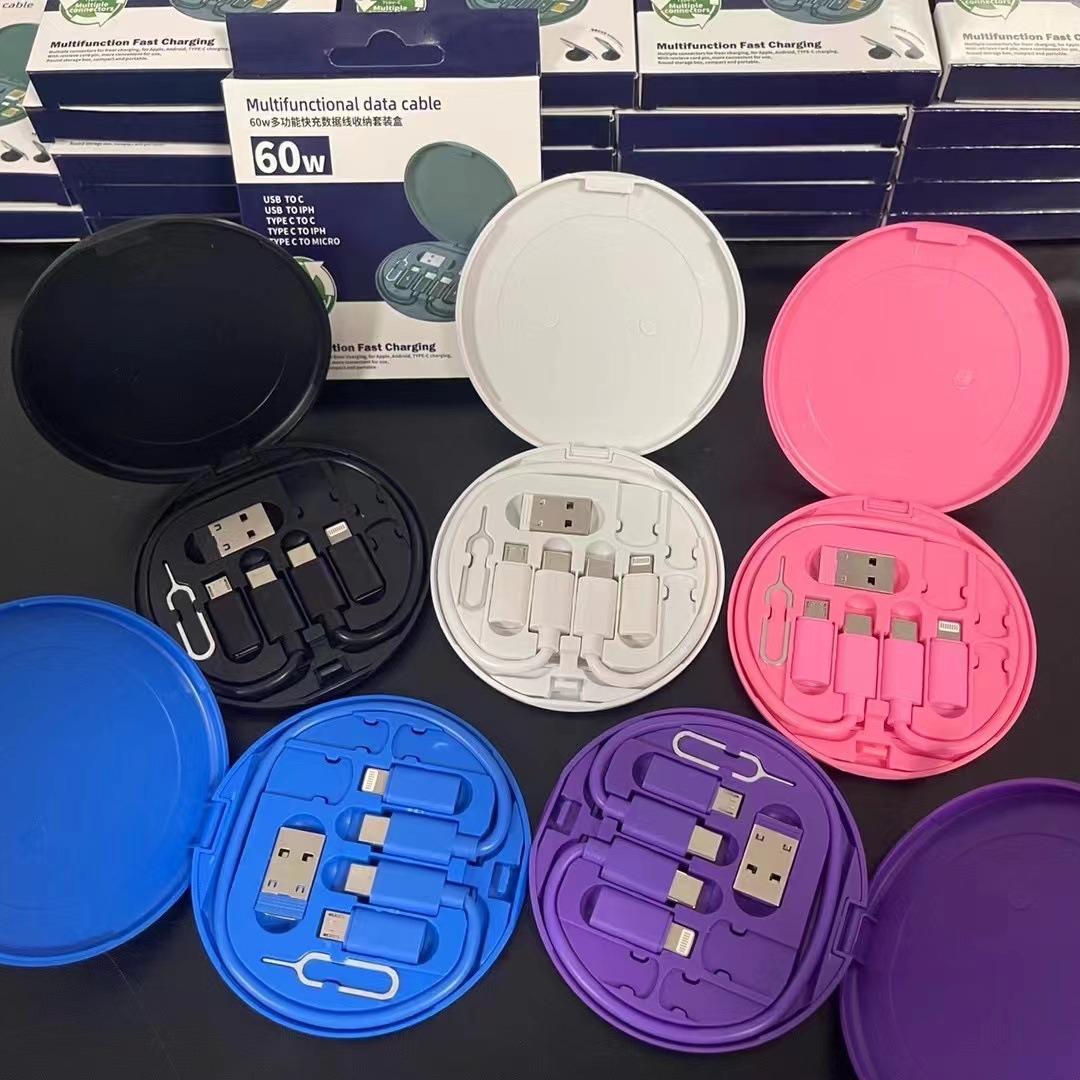 

Кабель для быстрой зарядки мощностью 60 Вт, кабель USB для передачи данных 3 в 1 с футляром для хранения, многофункциональный USB-адаптер для зарядки, совместимый с Lightning Type-C розовый