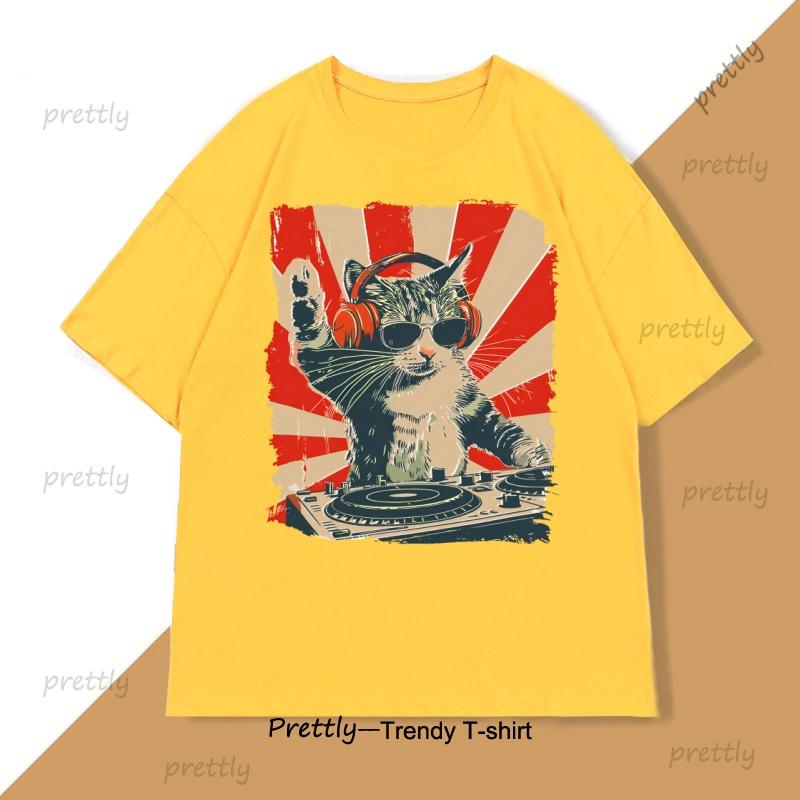 Cool DJ Cat TShirt Funny Cat with Headphones Graphic T Shirts Trendy Short Sleeve Round Neck Tshirt Streetwear Cotton Tees