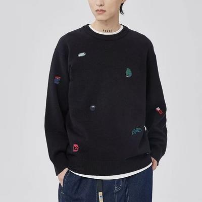 Herren Rundhalspullover Frühling und Herbst Jugend Lose Top Stickerei Reine Farbe All-Matching Herren Langarmshirt