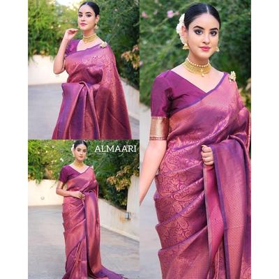 Silk Saree from the ALMAARI Store Is Adorned with Beautiful Zari Work In Form of Traditional Motifs