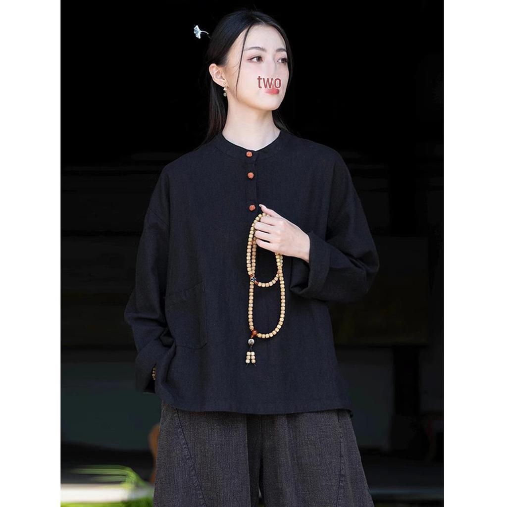 Women's Cotton Linen Zen Meditation Suit with Frog Button Shirt