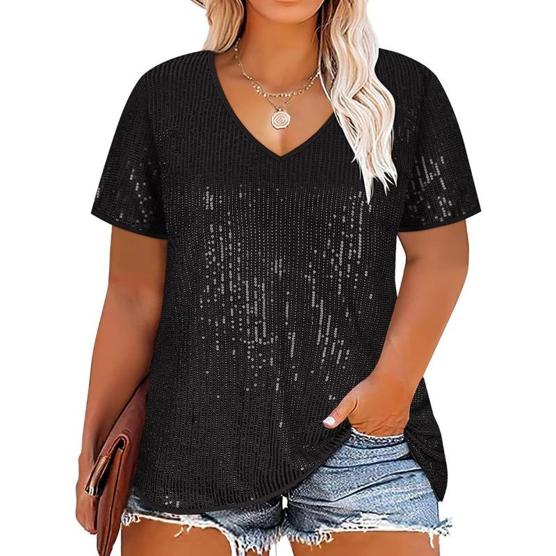 

Cross-suer women s clothing new sexy sequined V-neck short-sleeved loose women s T-shirt S чёрный