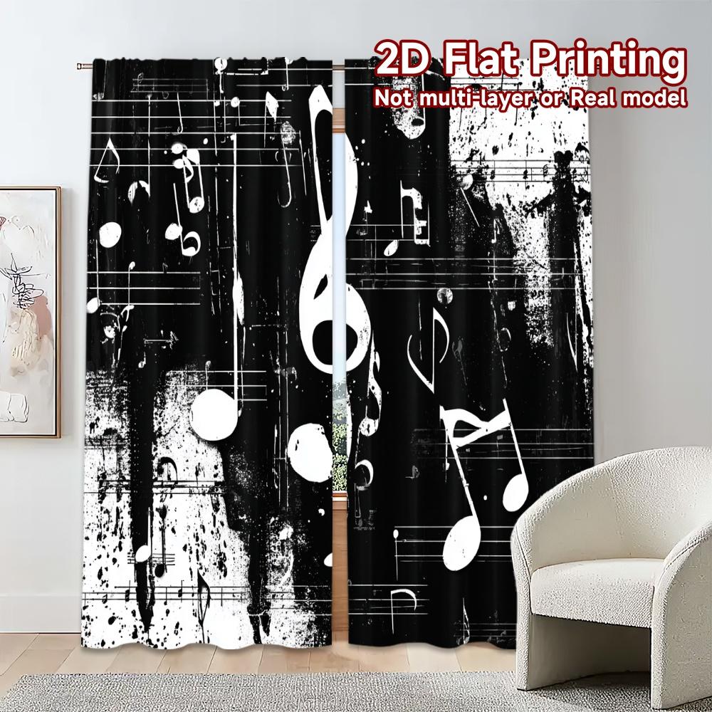 Set Of 2 Modern Flat Printing Curtains Without Rod Melody Sketch Pattern Durable Polyester Decorations Curtain Made