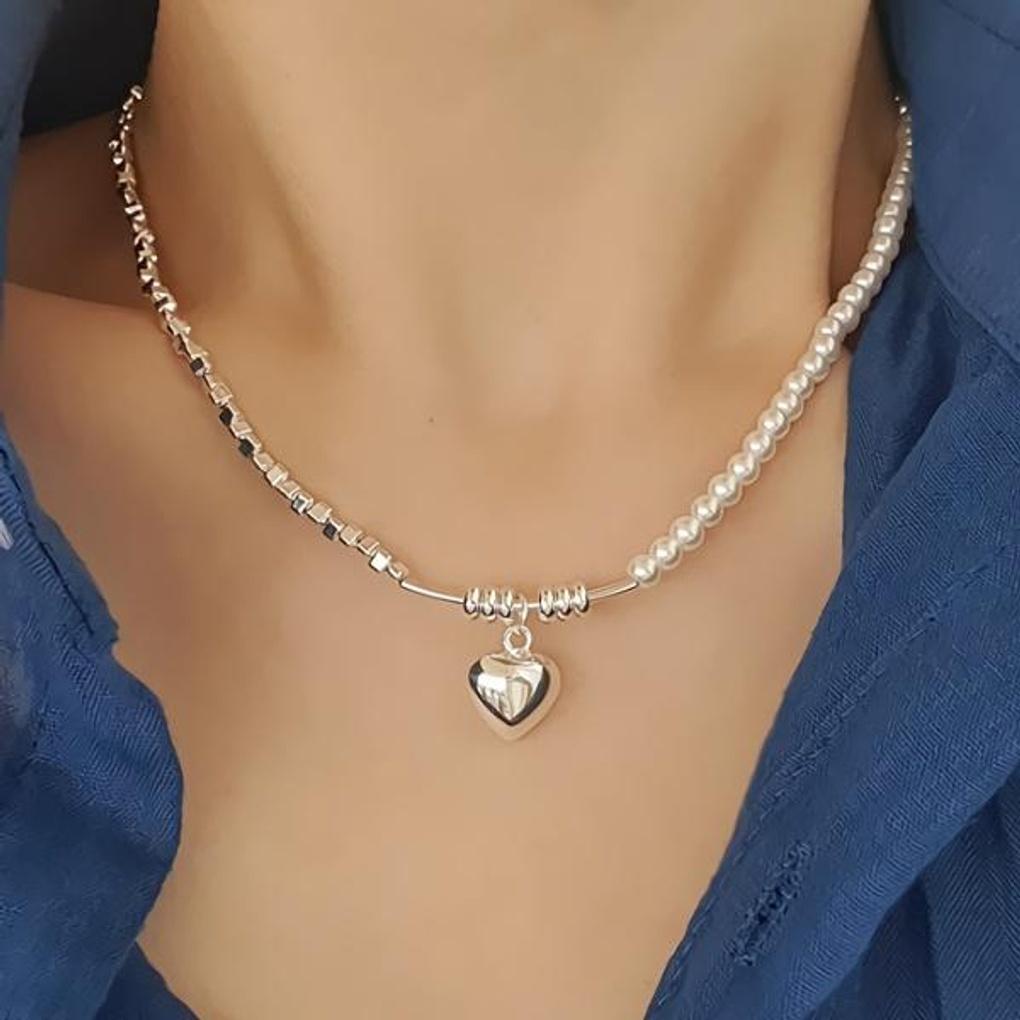 Women's Daily Silver and Pearl Heart Necklace