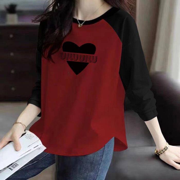 Women's Raglan Sleeve Curved Pullover Top with Back Neck Ribbing - 200g Pure Cotton, Long Sleeve, Printed Design