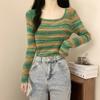 Contrasting Striped Square Neck Knitted Bottom Shirt Women's Spring Slim Skinny Inner Top Versatile Sweater
