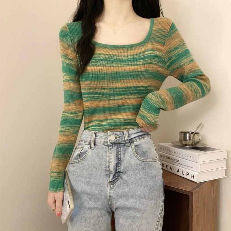 Contrasting Striped Square Neck Knitted Bottom Shirt Women's Spring Slim Skinny Inner Top Versatile Sweater