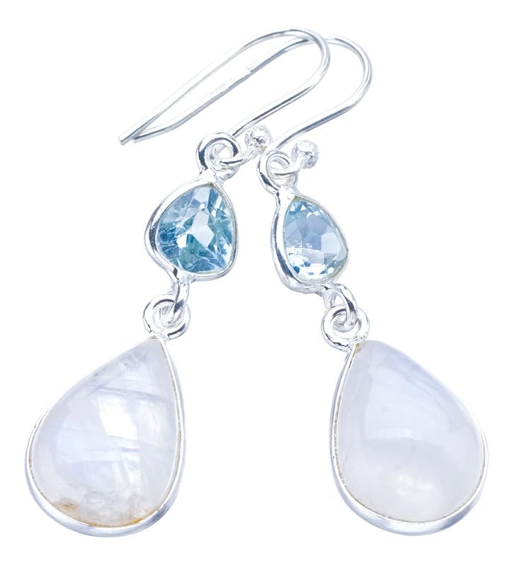 

StarGems® Natural Moonstone Blue Topaz Handmade 925 Sterling Silver Earrings 1.5 F5912
