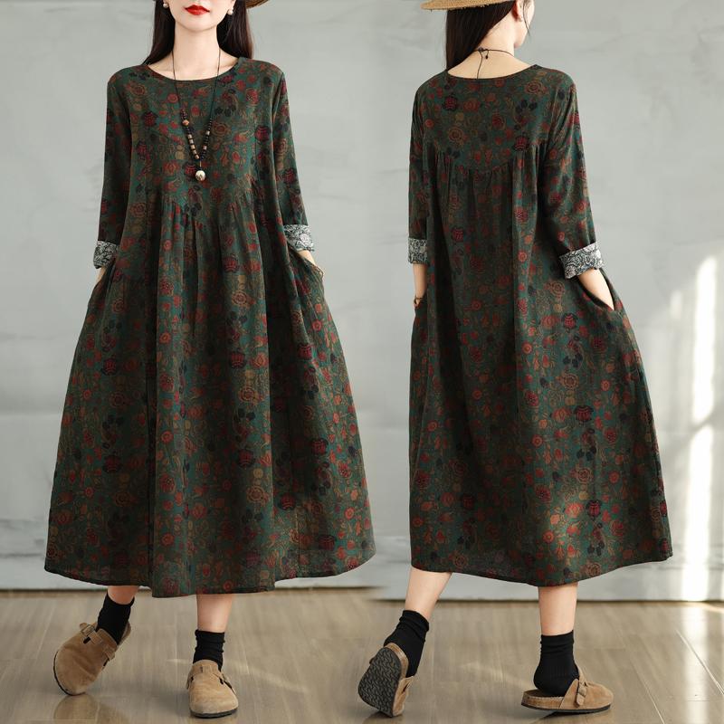 Dimanaf 2025 Spring Plus Size Women Long Dress Floral Vintage Loose Casual Long Sleeve Maxi Printing New Pleated